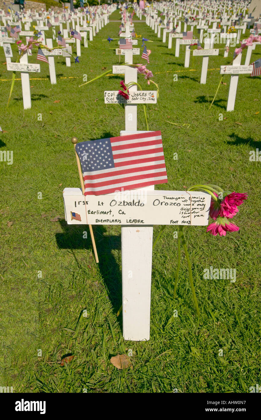 Mock grave markers of US soldiers who died in Iraq war at Arlington West Santa Barbara CA Stock Photo