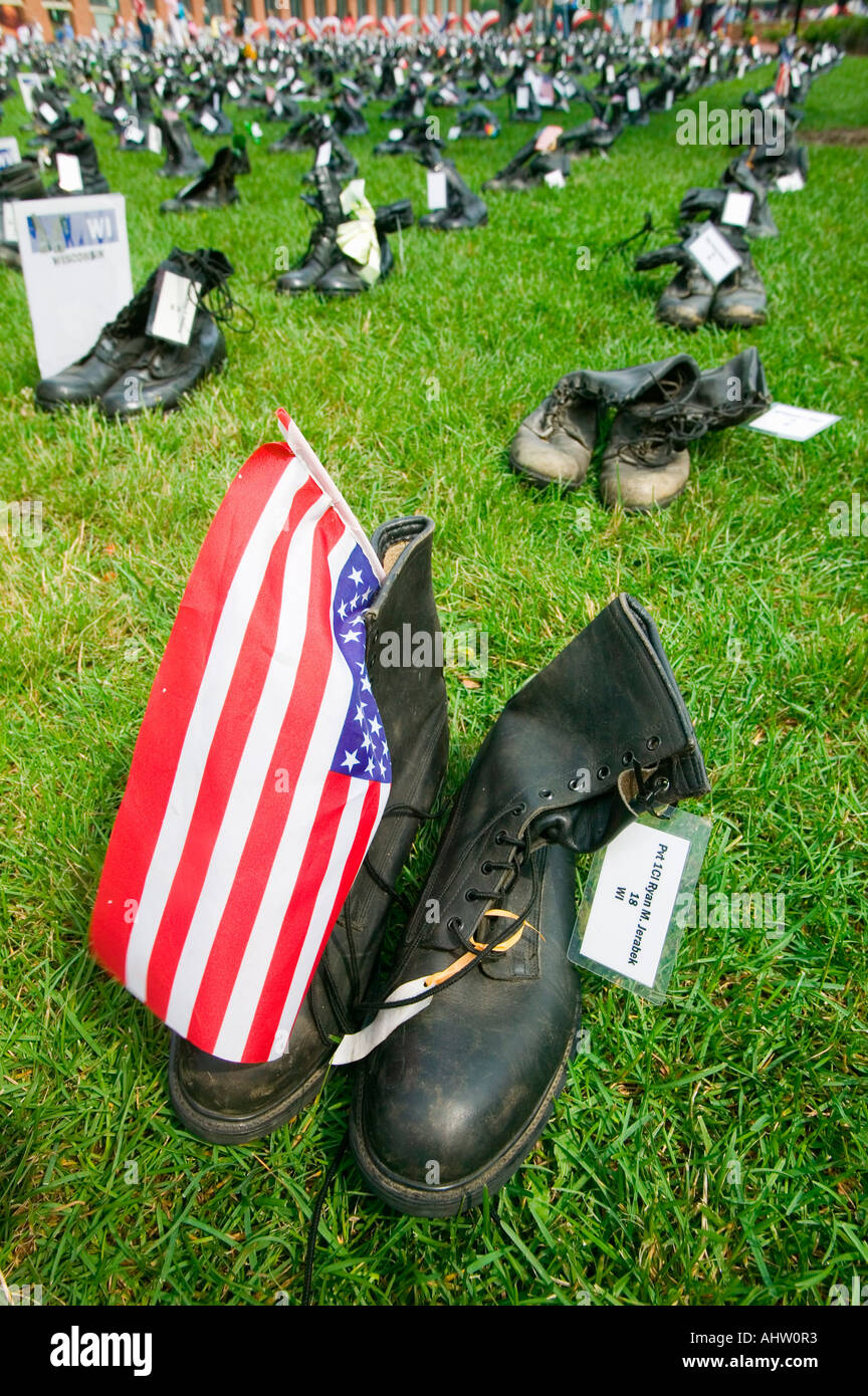 1746 Military boots symbolizing US Military Personnel killed in Iraq as displayed at Independence Hall Eyes Wide Open exhibit Stock Photo
