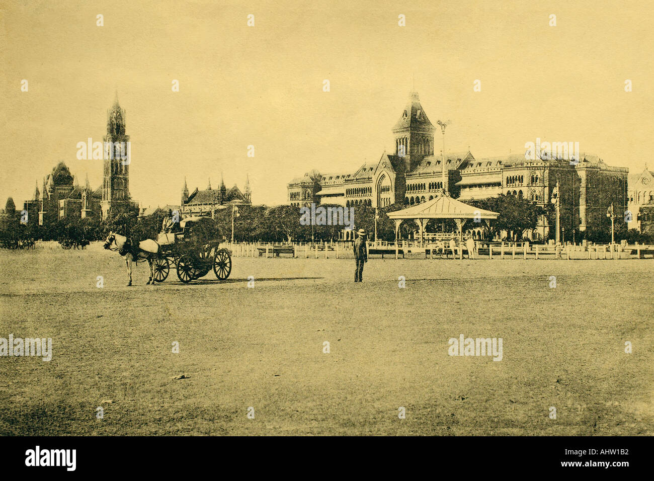 Old vintage 1900s picture of Rajabhai Tower Secretariat High Court and Cooperage Band Stand Bombay Mumbai Maharashtra India Stock Photo