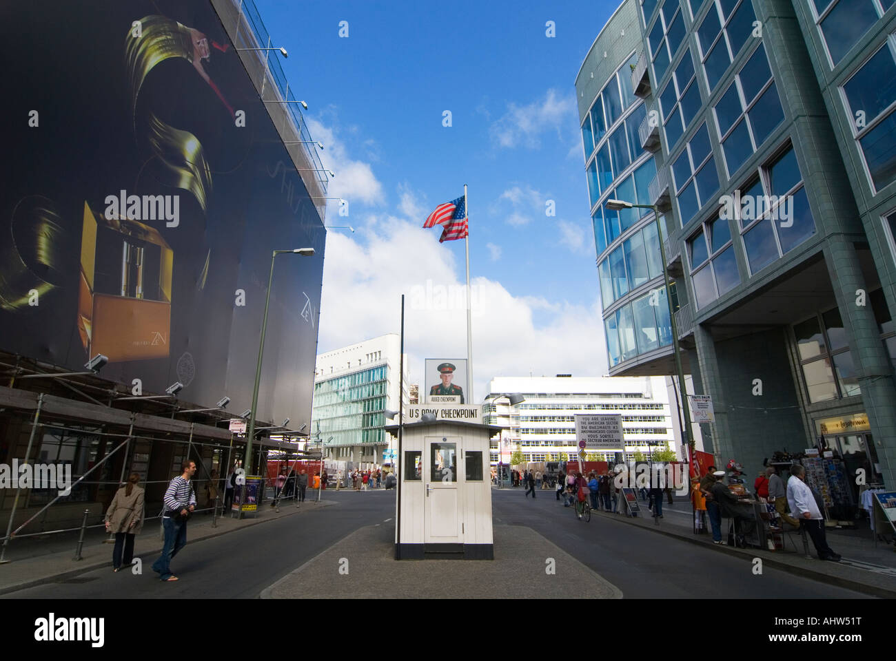 Horizontal wide angle of Checkpoint Charlie, the infamous border crossing viewed from what was the American sector. Stock Photo