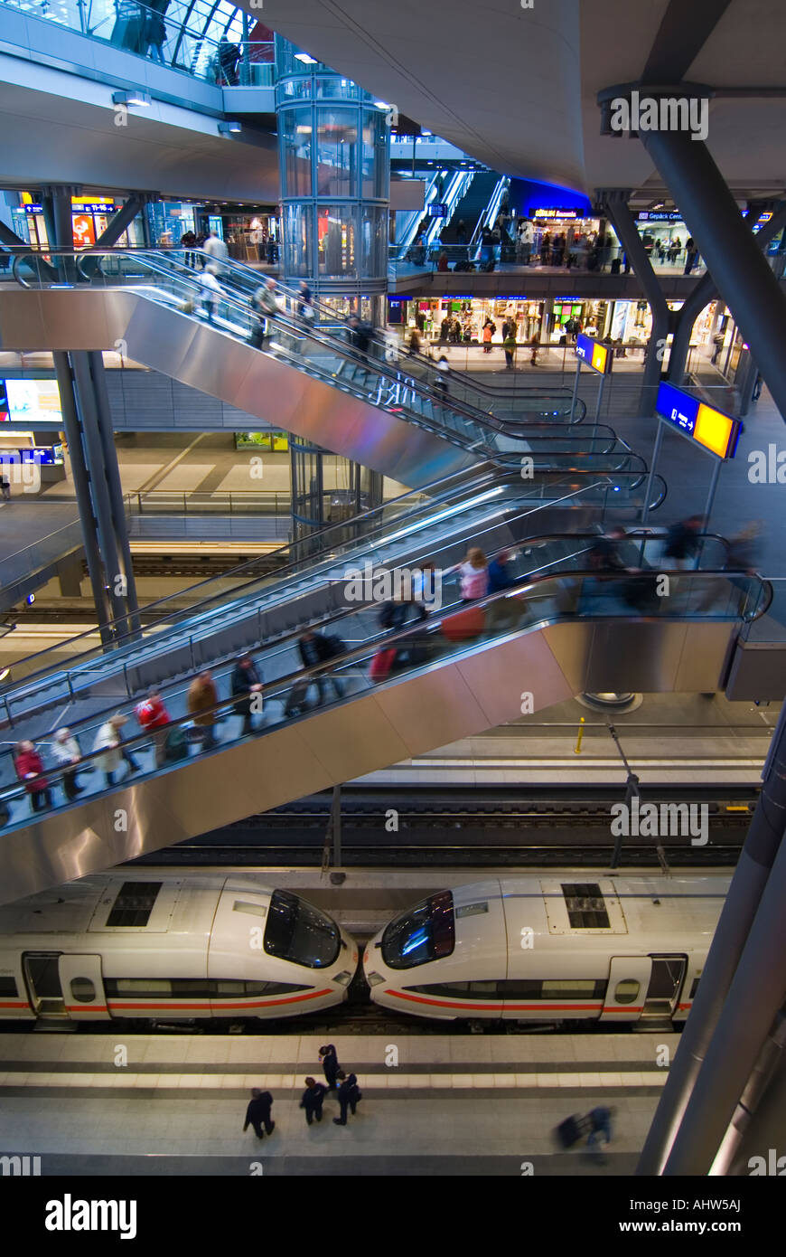Vertical wide angle of the interior of Berlin Hauptbahnhof 'Berlin Central Station', showing all five levels. Stock Photo