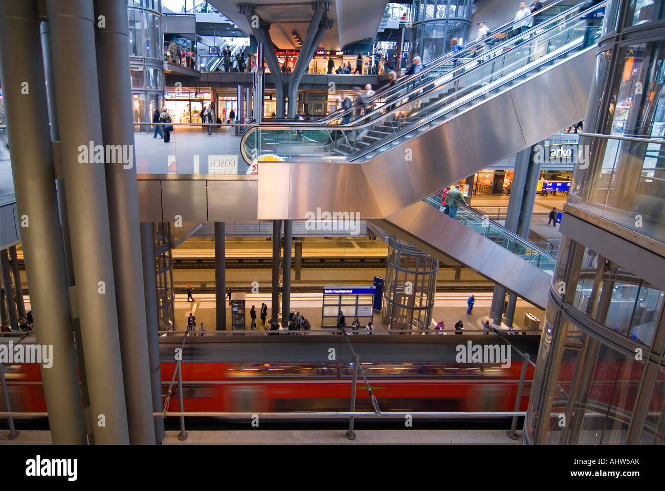 Horizontal wide angle of the interior of Berlin Hauptbahnhof 'Berlin Central Station', showing all five levels. Stock Photo