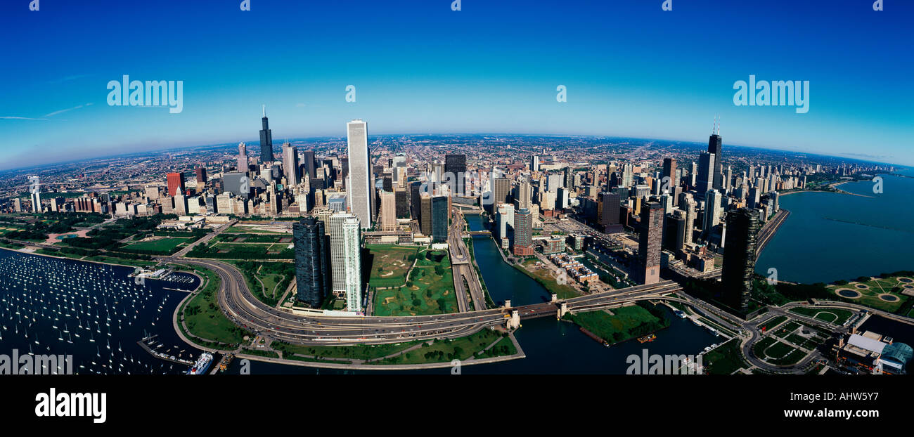 This is an aerial view of the skyline Lake Michigan and the Chicago ...