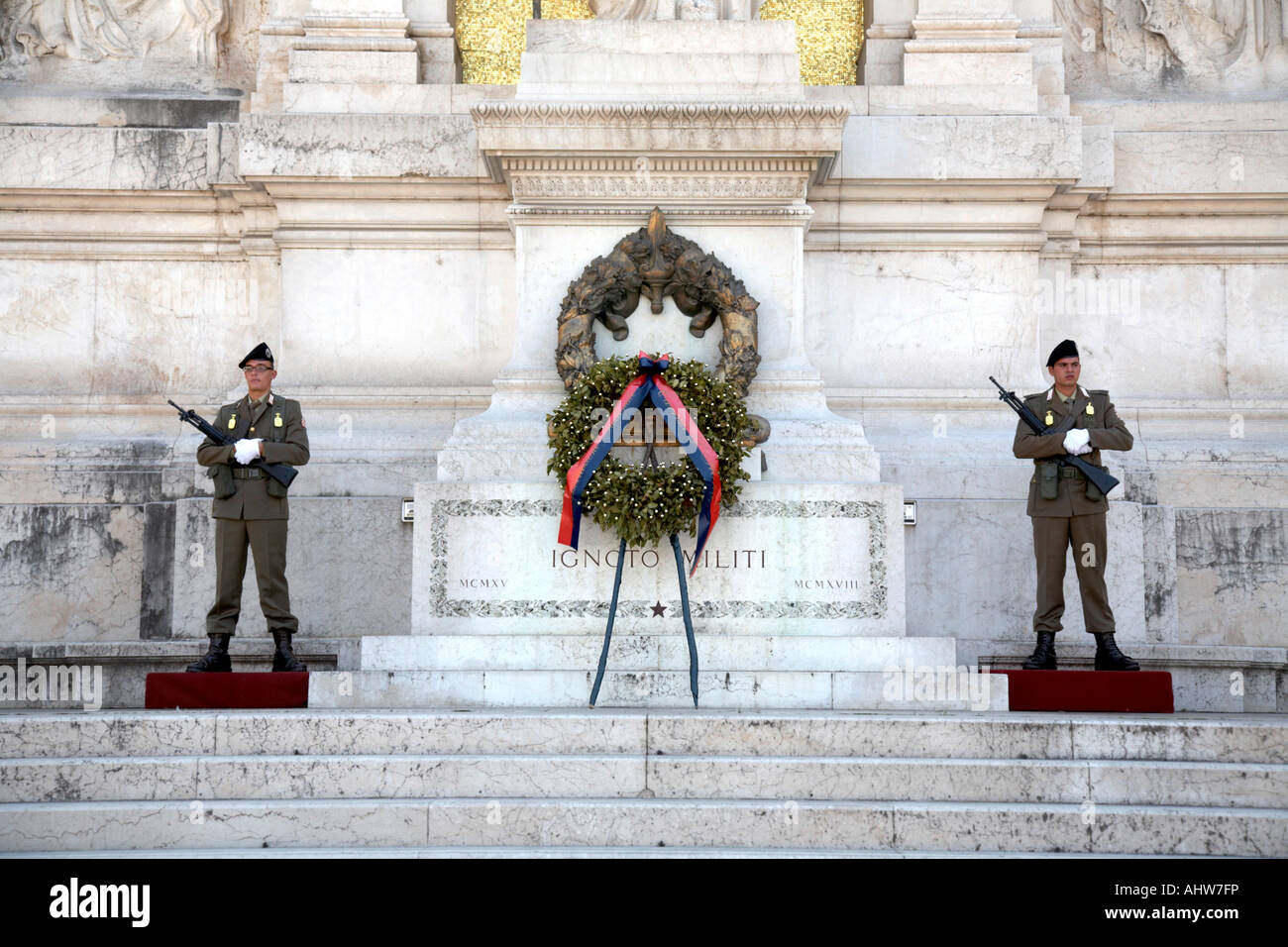 Two Italian army officers guard the wreaths at the Monument Vittorio Emanuele II in Rome Lazio Italy Stock Photo