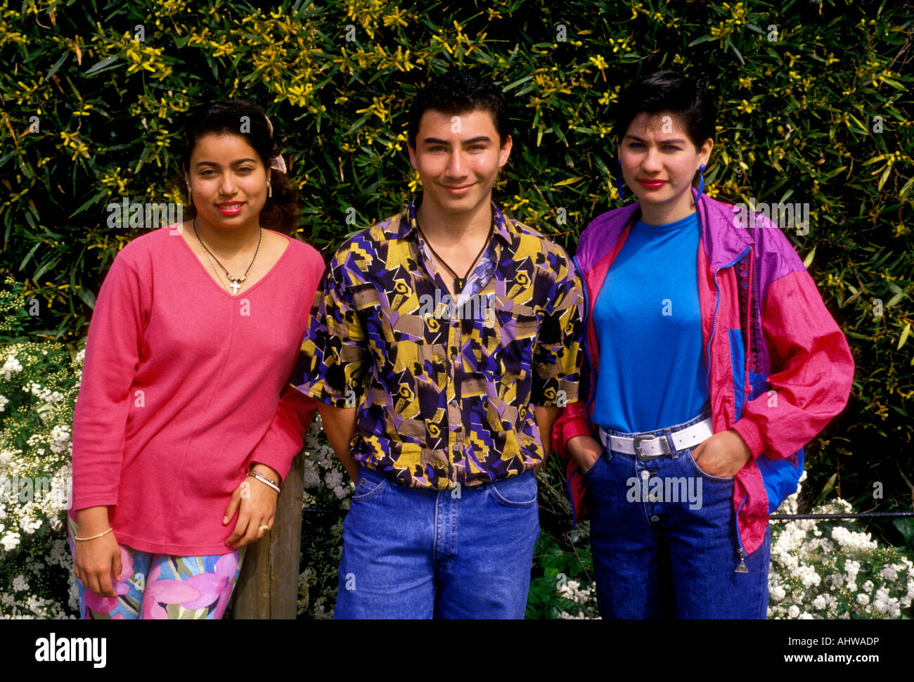 3, three, Hispanic students, Columbian-American, left, Salvadoran-American, center, Mexican-American, right, Novato, California, United States Stock Photo