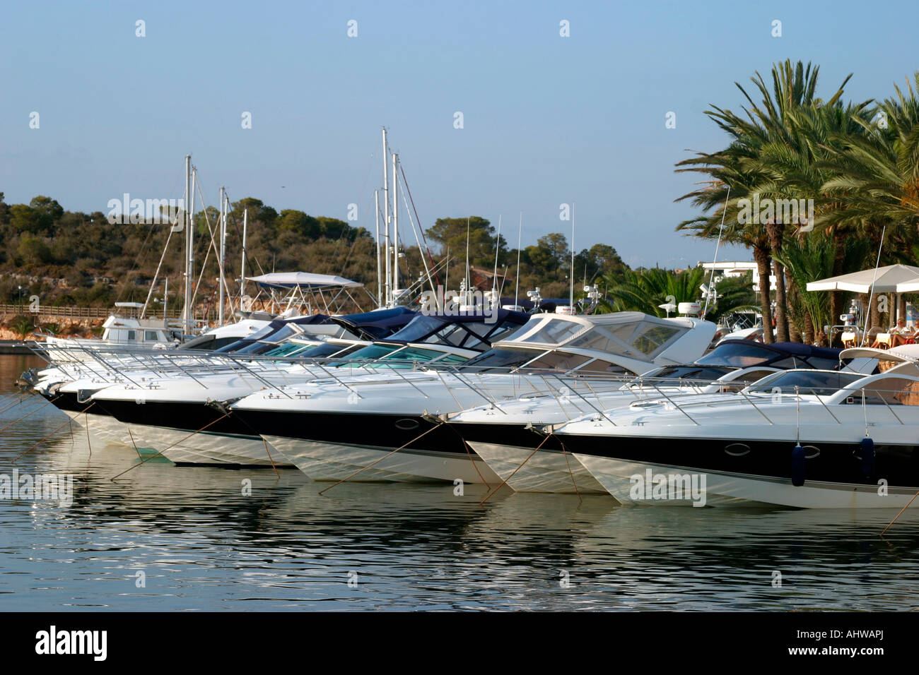 Sport Boats in Cala de Oro, Mallorca, Balearic Islands, Spain Stock Photo