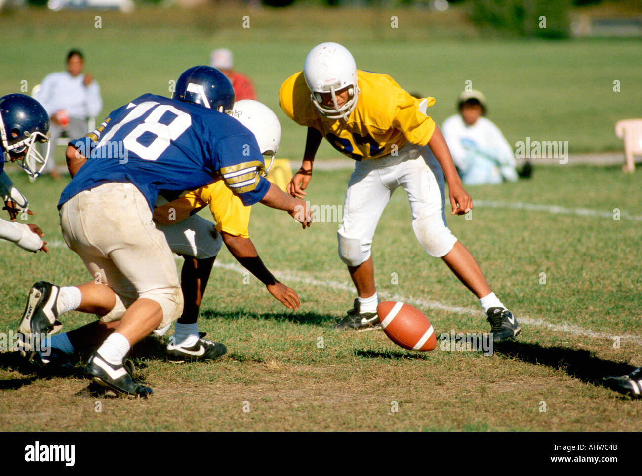 Junior varsity football action the ball is fumbled during this play Stock Photo