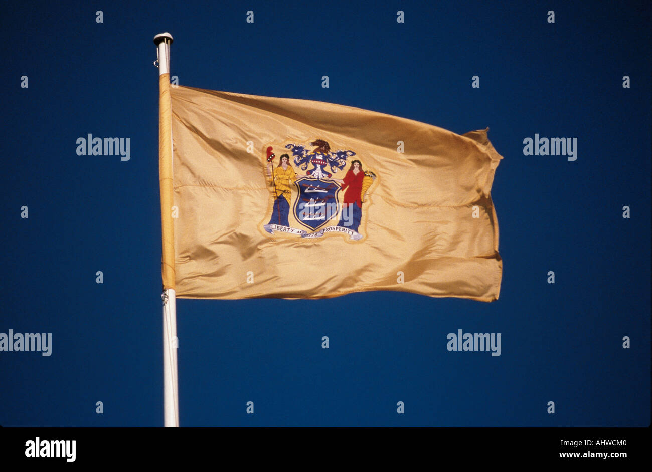 This is the New Jersey State Flag situated on a flagpole waving in the wind It s symbol is set against a yellow gold background Stock Photo