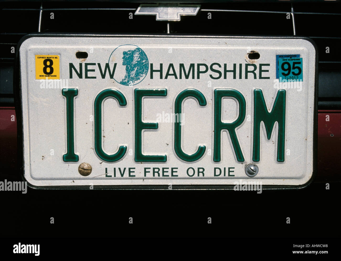 This is a vanity license plate from New Hampshire that says Ice Cream Stock Photo
