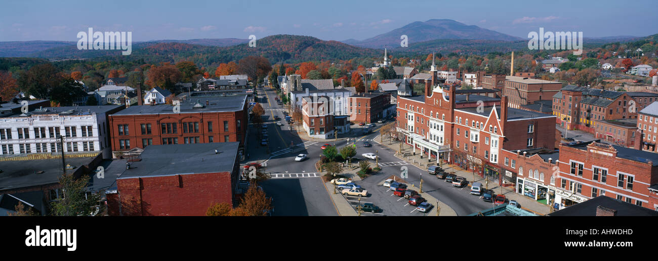 This is a panorama view from the Bell Tower in Claremont It shows a typical scene from small town America The buildings are Stock Photo