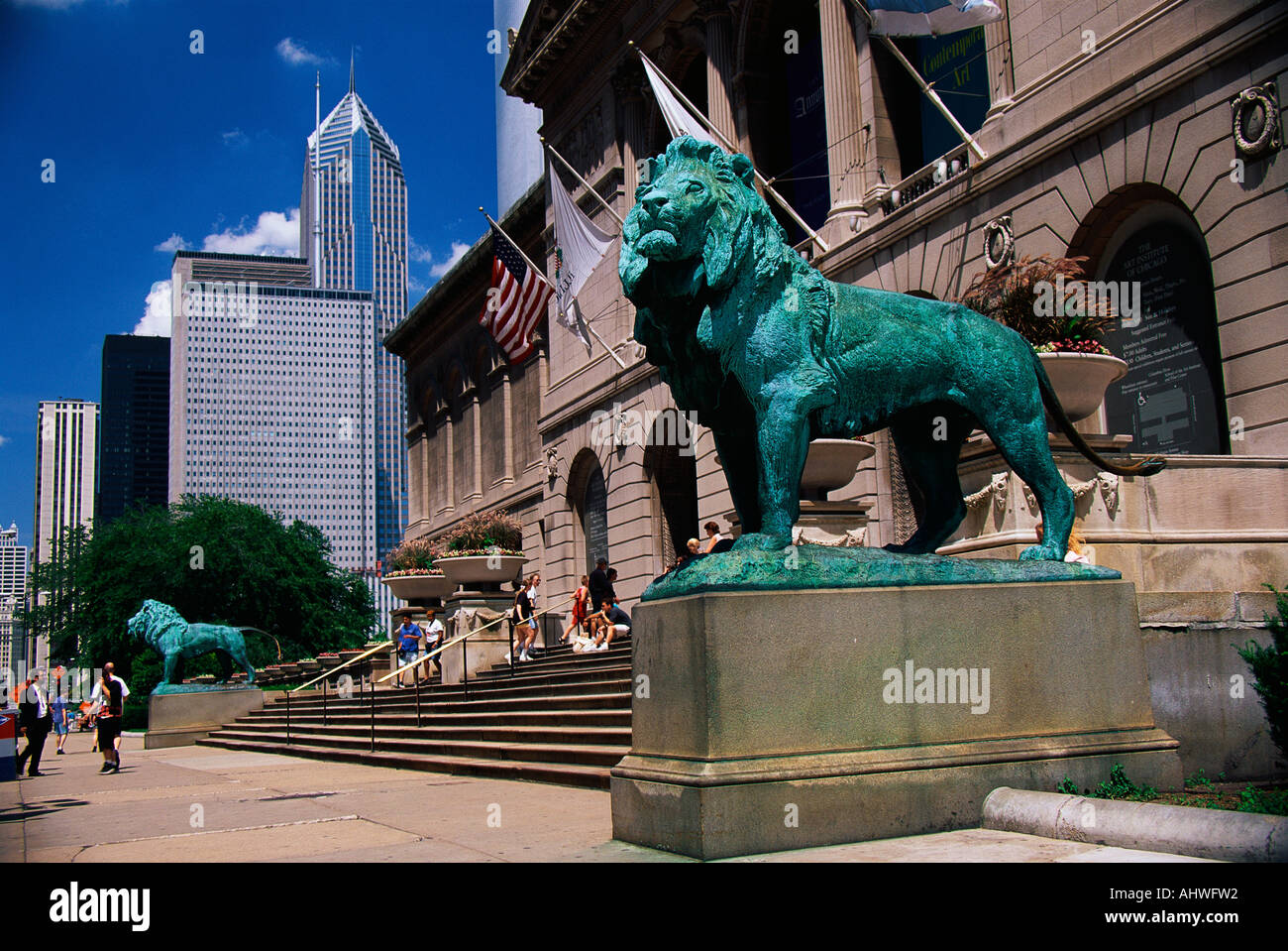 This is the exterior of the Art Institute of Chicago The famous lion