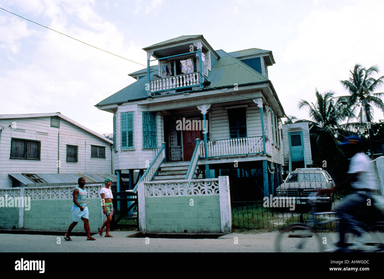 Clapperboard house on stilts in Belize City, Central America Stock