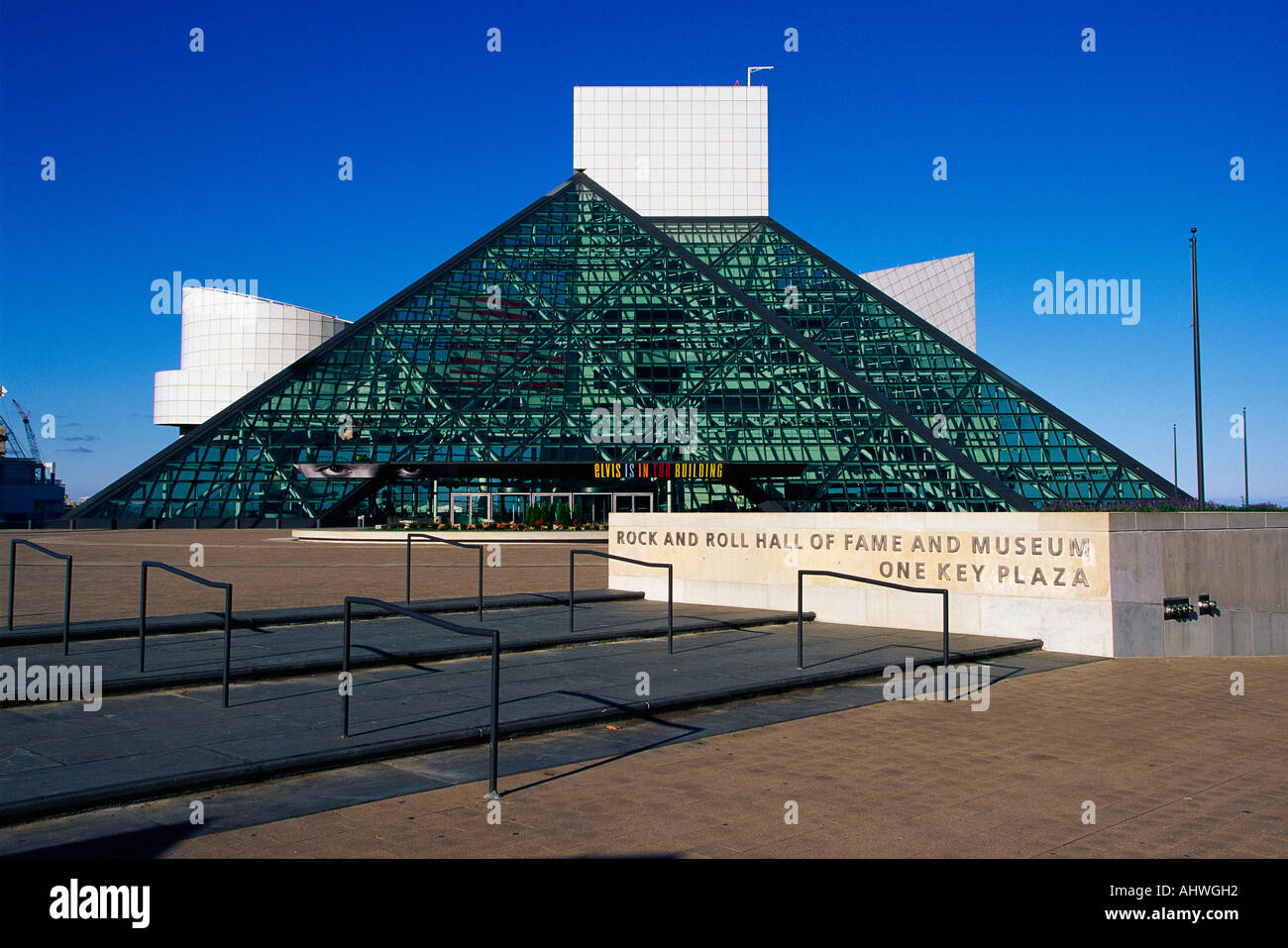 This is the Rock Roll Hall of Fame and Museum at One Key Plaza It shows the glass pyramid architecture Stock Photo
