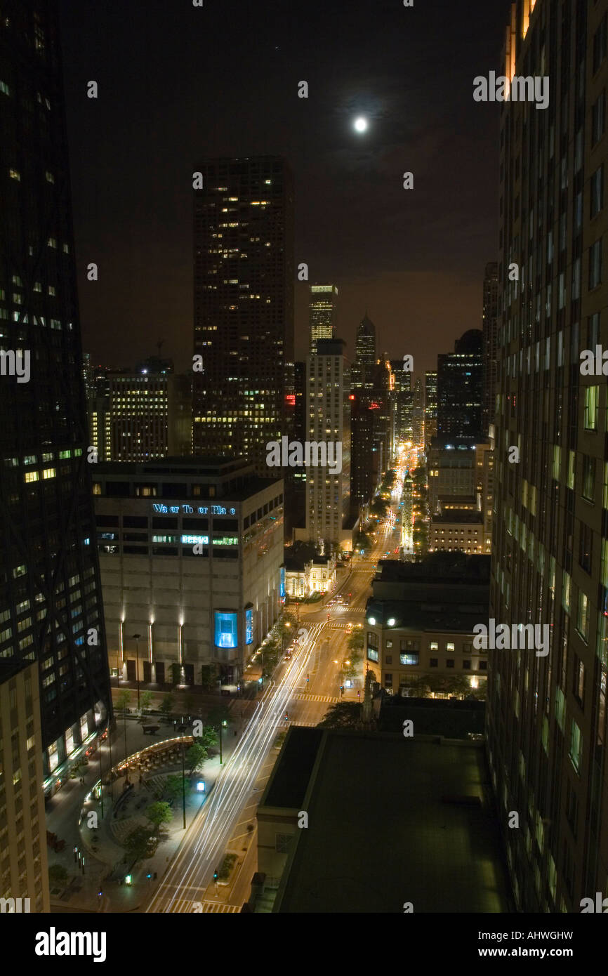 Looking south on North Michigan Avenue in Chicago down on traffic on a moonlight night Stock Photo