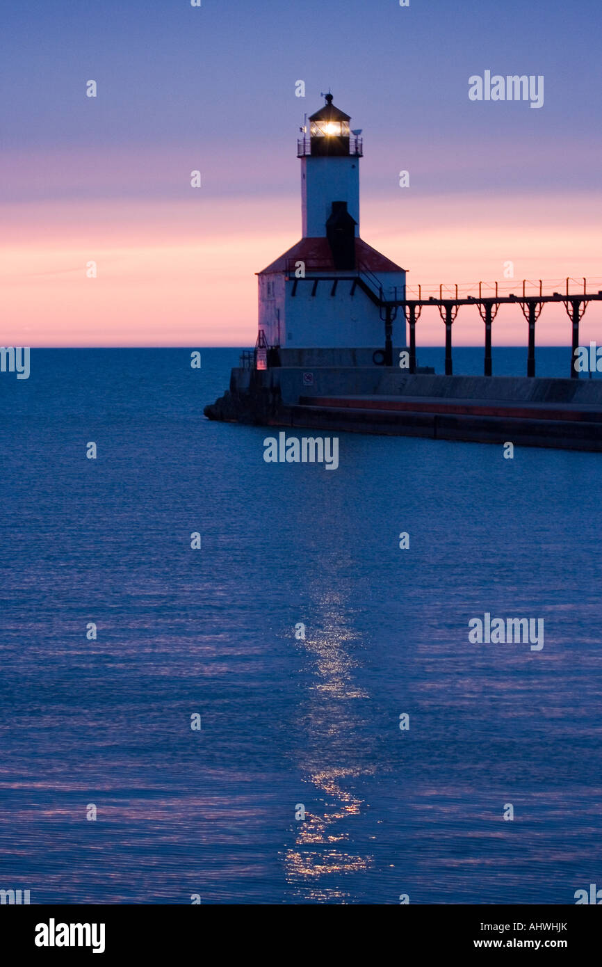 Lighthouse at Washington Park in Michigan City, Indiana after sunset Stock Photo