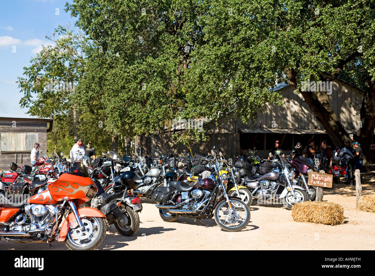 Motorcycles under oak at Luckenbach Texas Stock Photo Alamy