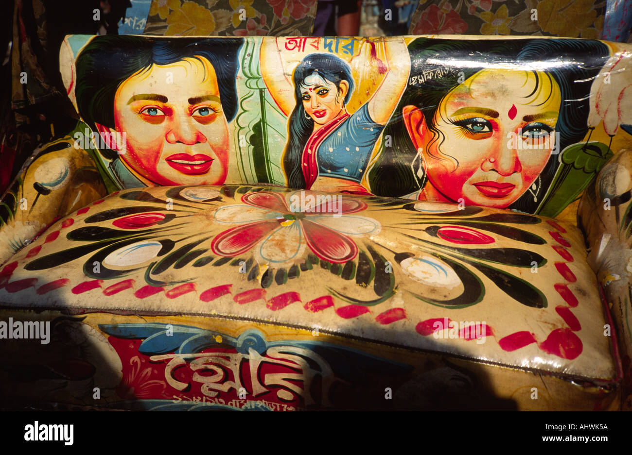 Colourful cycle rickshaw art depicting movie stars. Bangladesh Stock Photo