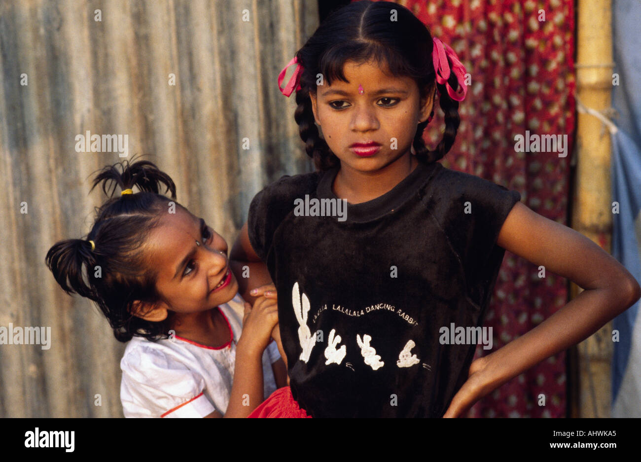 Young female circus performers backstage at a travelling circus in rural Bangladesh Stock Photo