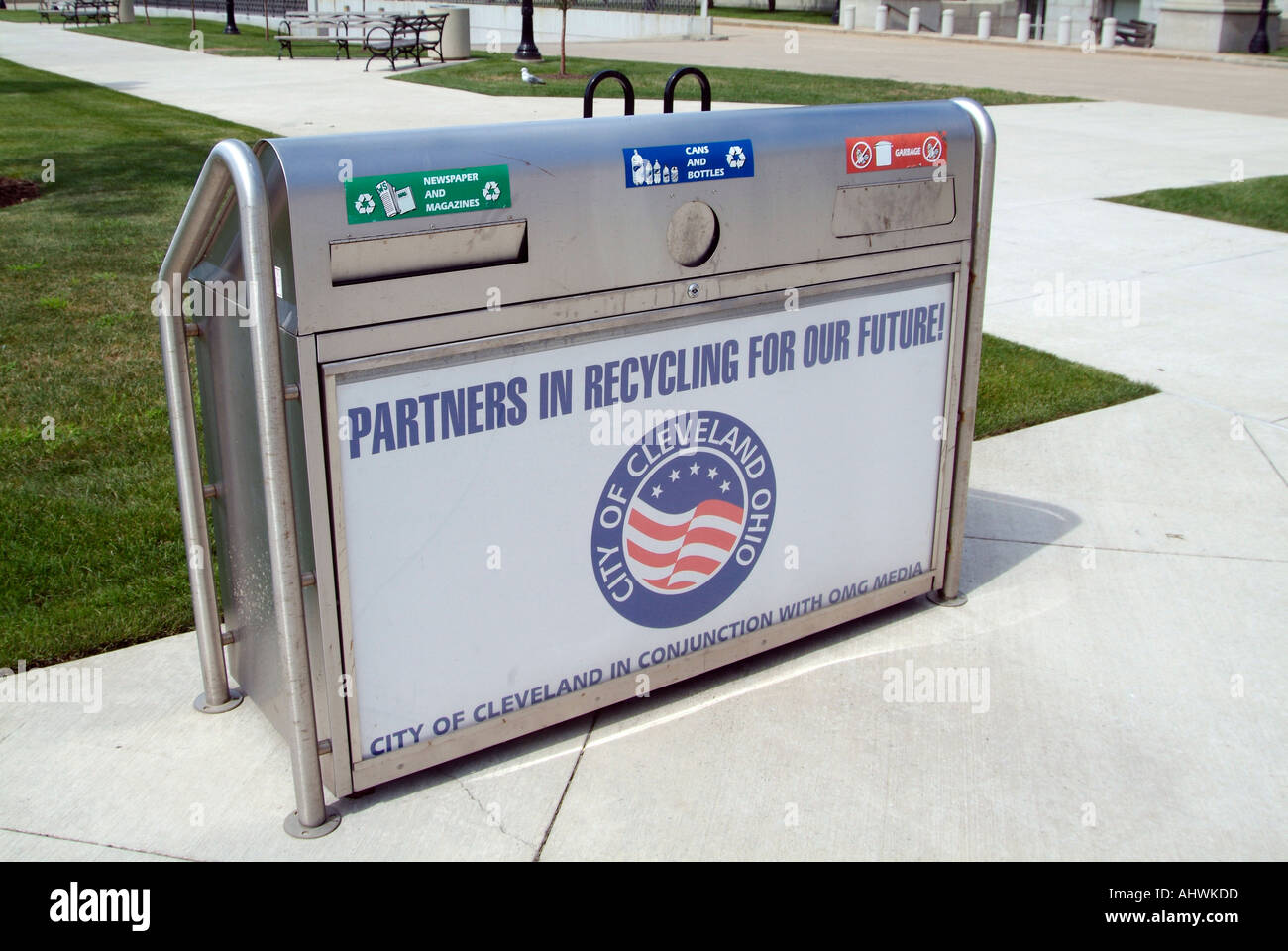 Recycling box for newspaper and other paper material located in and operated by city of Cleveland Ohio Stock Photo