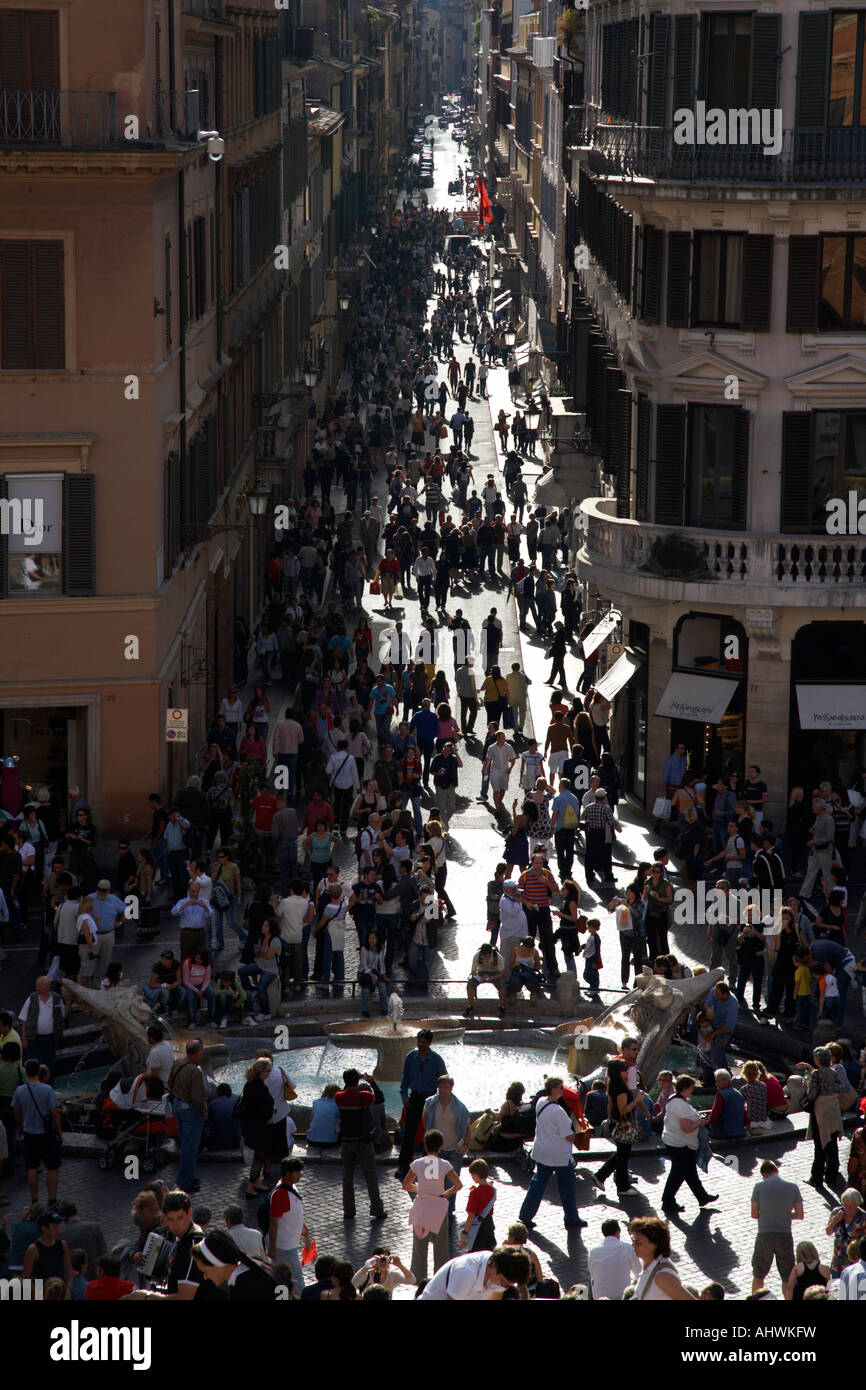 looking down over crowd of tourists and locals on the spanish steps ...