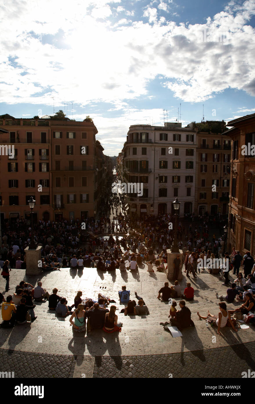 looking down over crowd of tourists and locals on the spanish steps ...