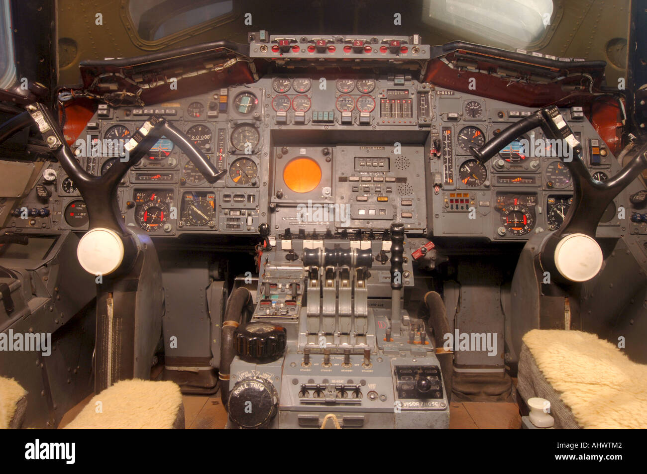 BAC Concorde Cockpit Controls Layout Fleet Air Arm Museum Yeovilton Somerset.  XAV 1393-307 Stock Photo