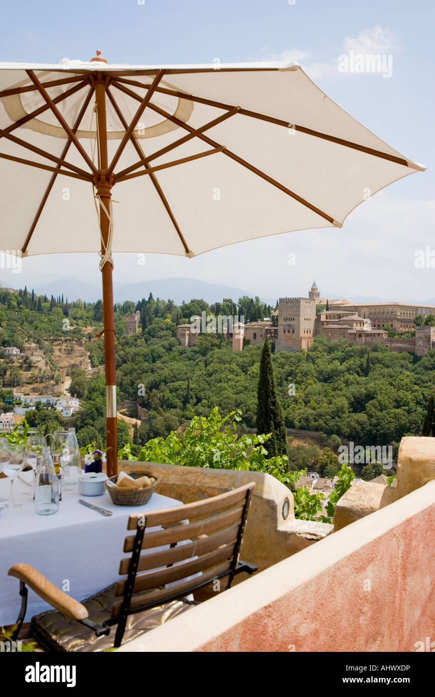 Granada Granada Province Spain View to the Alhambra from restaurant terrace in the Albayzin Stock Photo