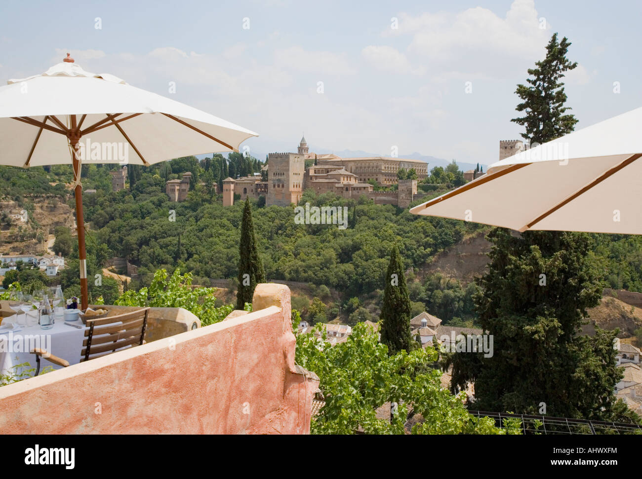 Granada Granada Province Spain View to the Alhambra from restaurant terrace in the Albayzin Stock Photo