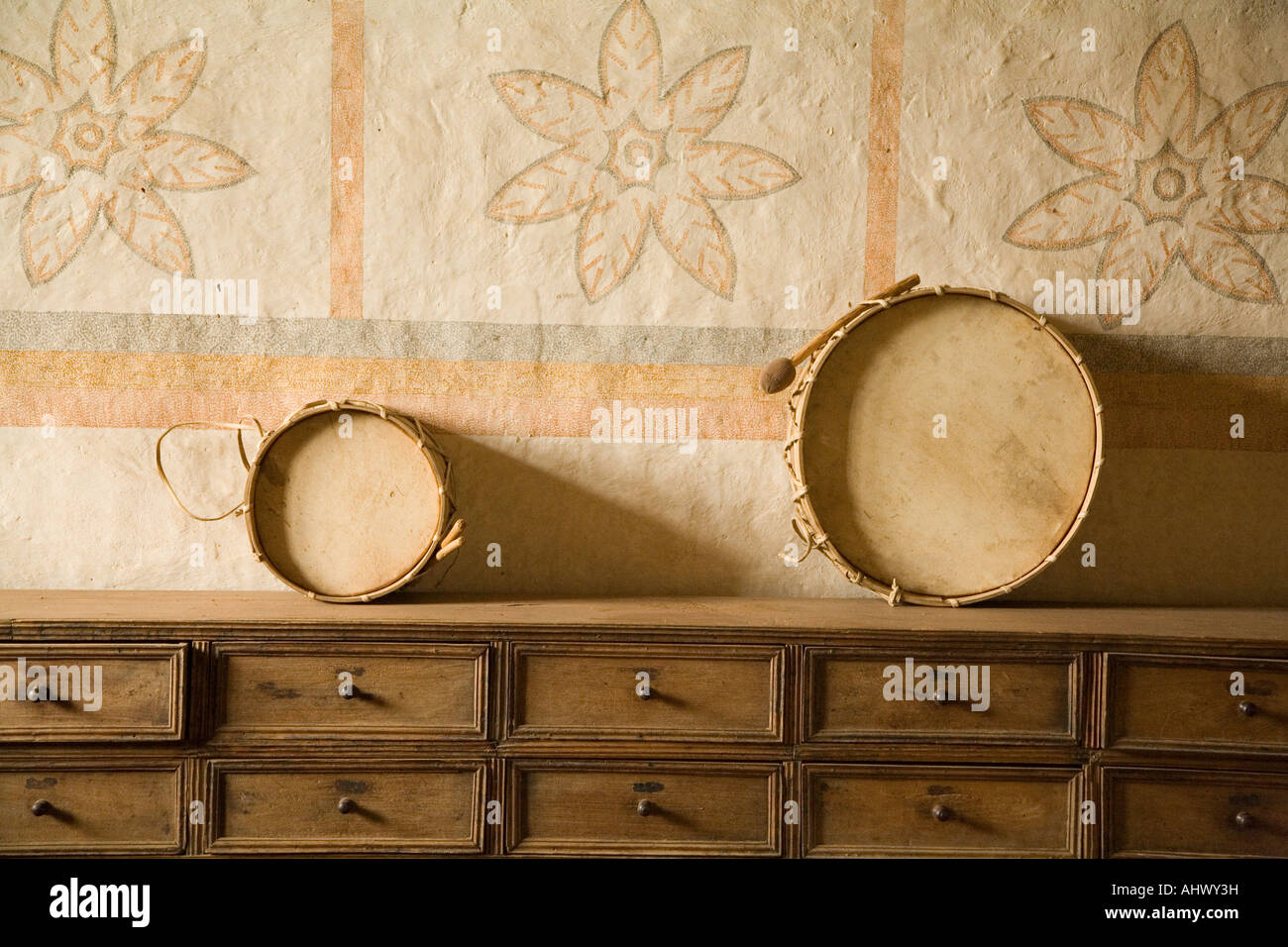 Old drums in the museum of the Jesuit mission of San Ignacio,  Bolivia Stock Photo