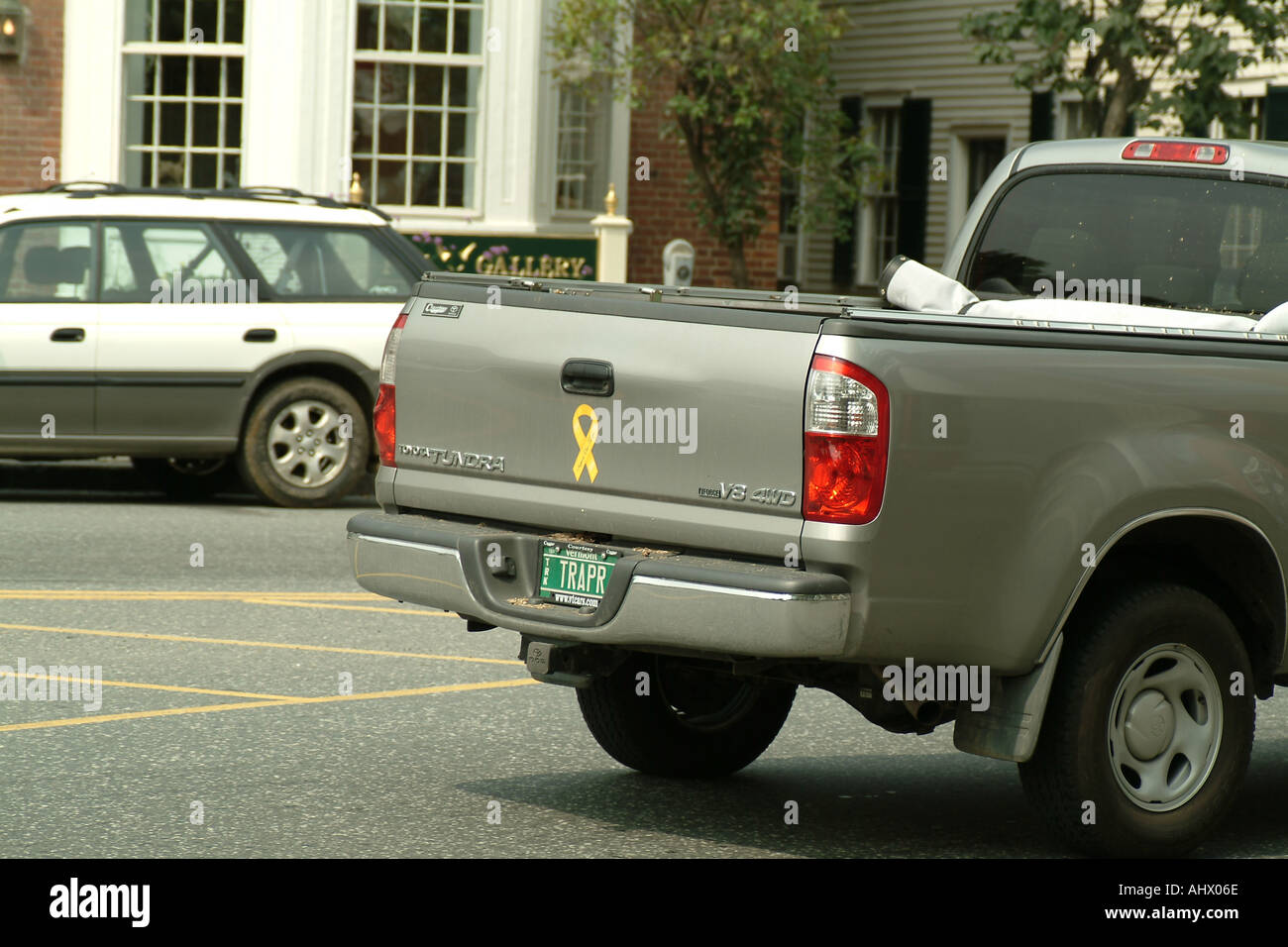 SUV pickup truck with yellow ribbon bumper sticker and Vermont Licence plates Stock Photo Alamy