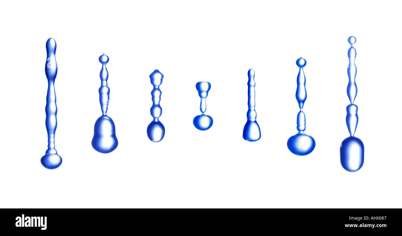 variation of water drops with random shape in free fall Stock Photo