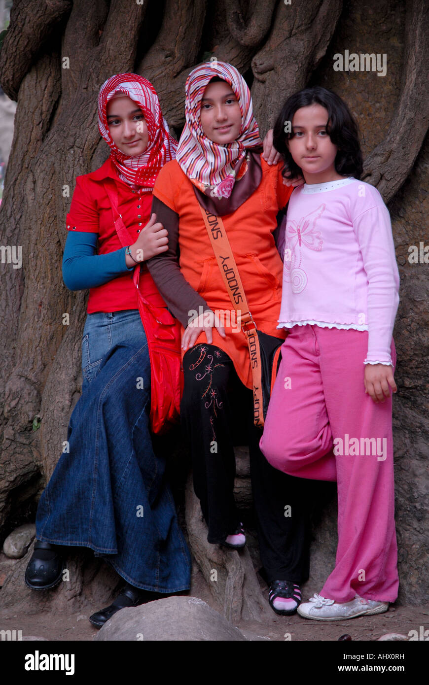 THREE YOUNG TURKISH MUSLIM GIRL LEANING ON THE TREE,TWO WITH HIJAB ...