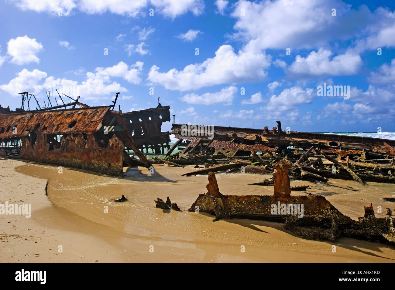 Image of the middle section of the wreck of the Maheno steam ship where its broken in half Stock Photo