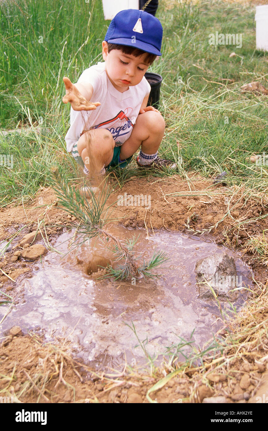 Young boy putting dirt on newly planted tree Stock Photo