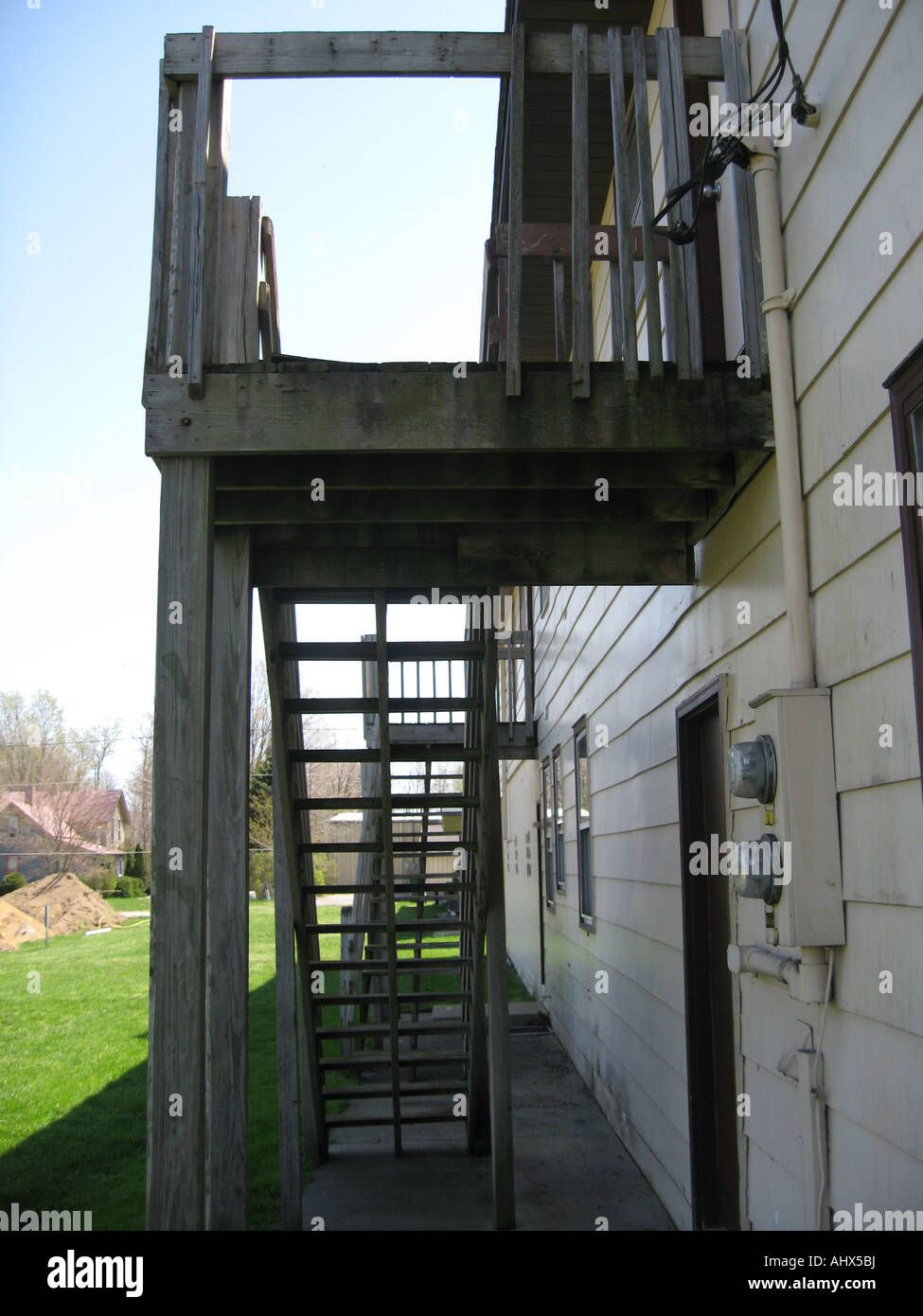 Stairs behind apartment building Stock Photo Alamy