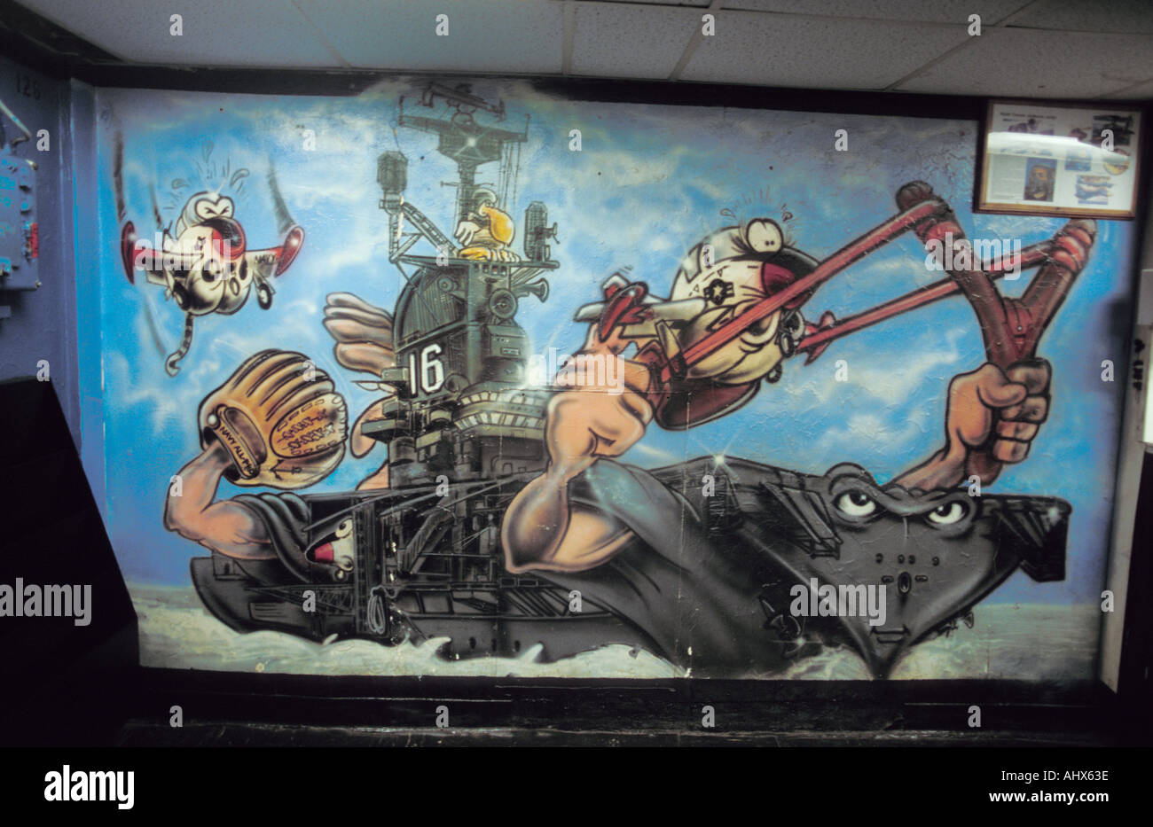 Corpus Christi Texas USA USS Lexington Aircraft Carrier Museum Cartoon mural depicting catapult take off and arrested landing Stock Photo