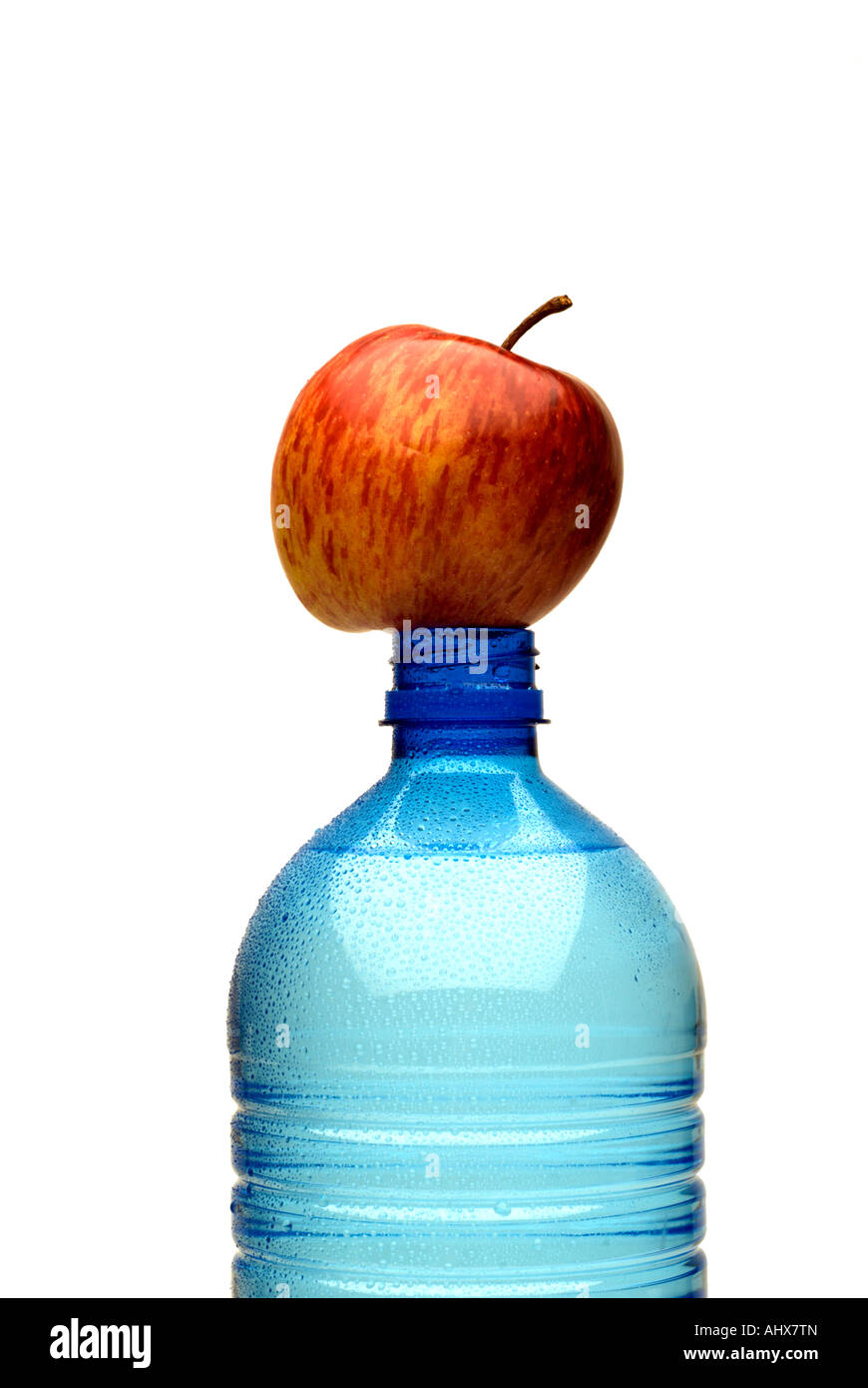 Water bottle and Apple, fruit and healthy lifestyle, area for text. Stock Photo