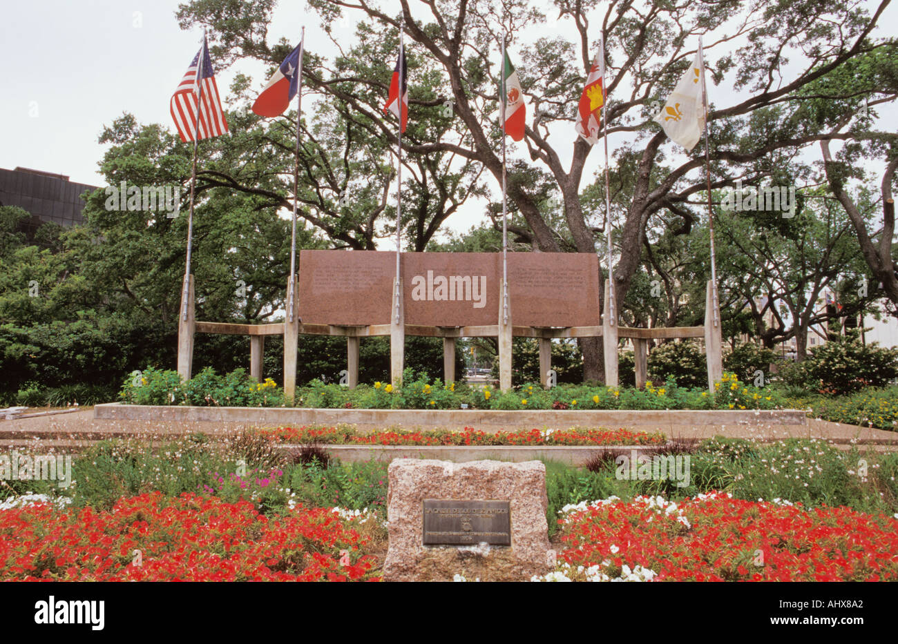 Victoria Texas USA Historic Buildings Flags at DeLeon Plaza Stock Photo