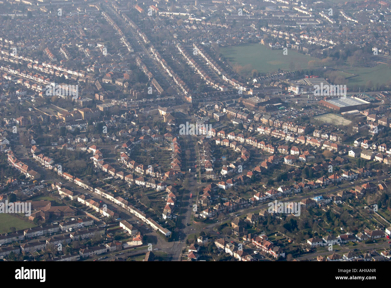 High level oblique aerial view west of surburban houses College Avenue Harrow London HA7 England UK January 2006 Stock Photo