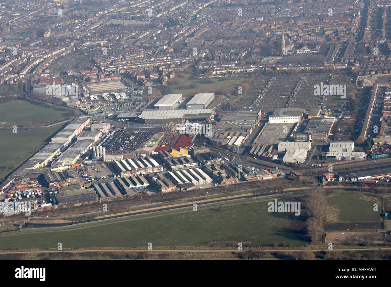 High level oblique aerial view east of Leyton Industrial works London E17 England UK January 2006 Stock Photo