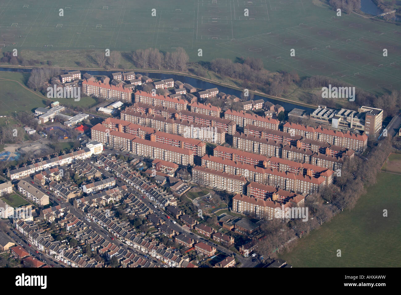 High level oblique aerial view north east of Watermead Homes and Hackney March Recreation Grounds London E5 England UK January  Stock Photo