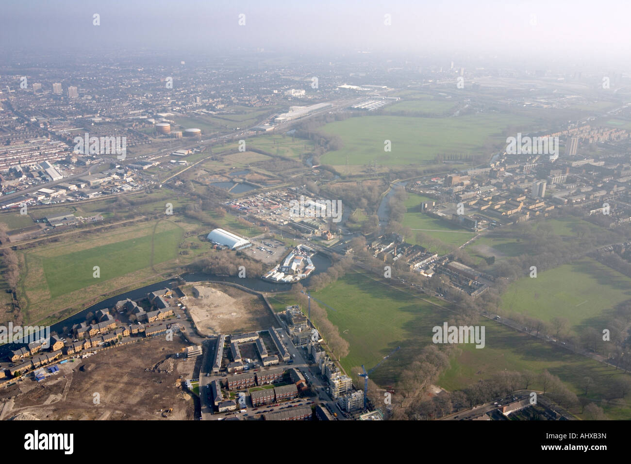 High level oblique aerial view south east of North Millfields Lea Bridge Hackney Marshes London E5 England UK January 2006 Stock Photo