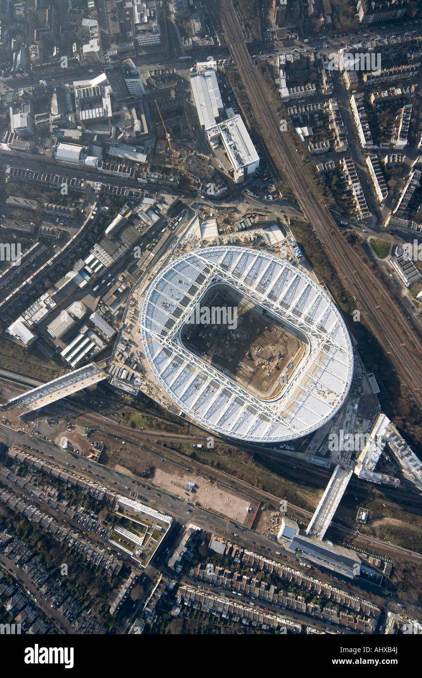 High level vertical aerial view of Arsenal Football Club Emirates Stadium building construction site London N5 England UK Janua Stock Photo