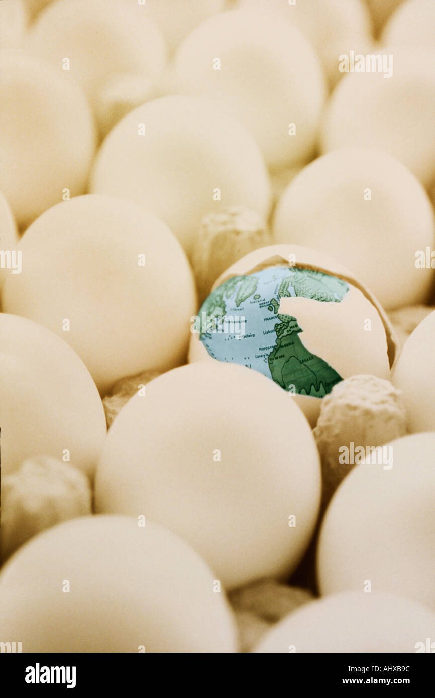 Black and white image of colorized globe inside cracked egg Stock Photo
