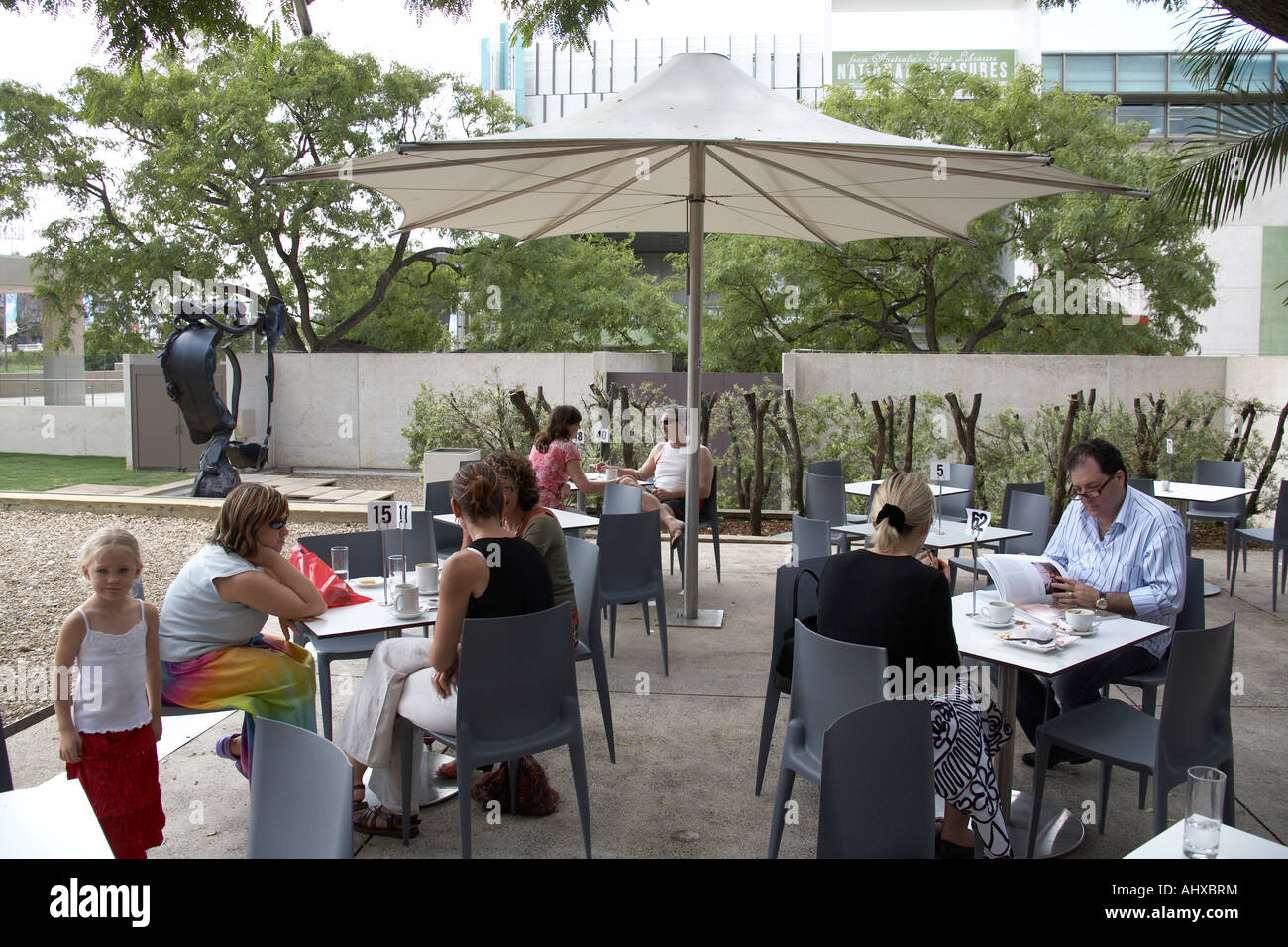 People eating in outdoor cafe of Art Gallery in Brisbane Queensland QLD Australia Stock Photo