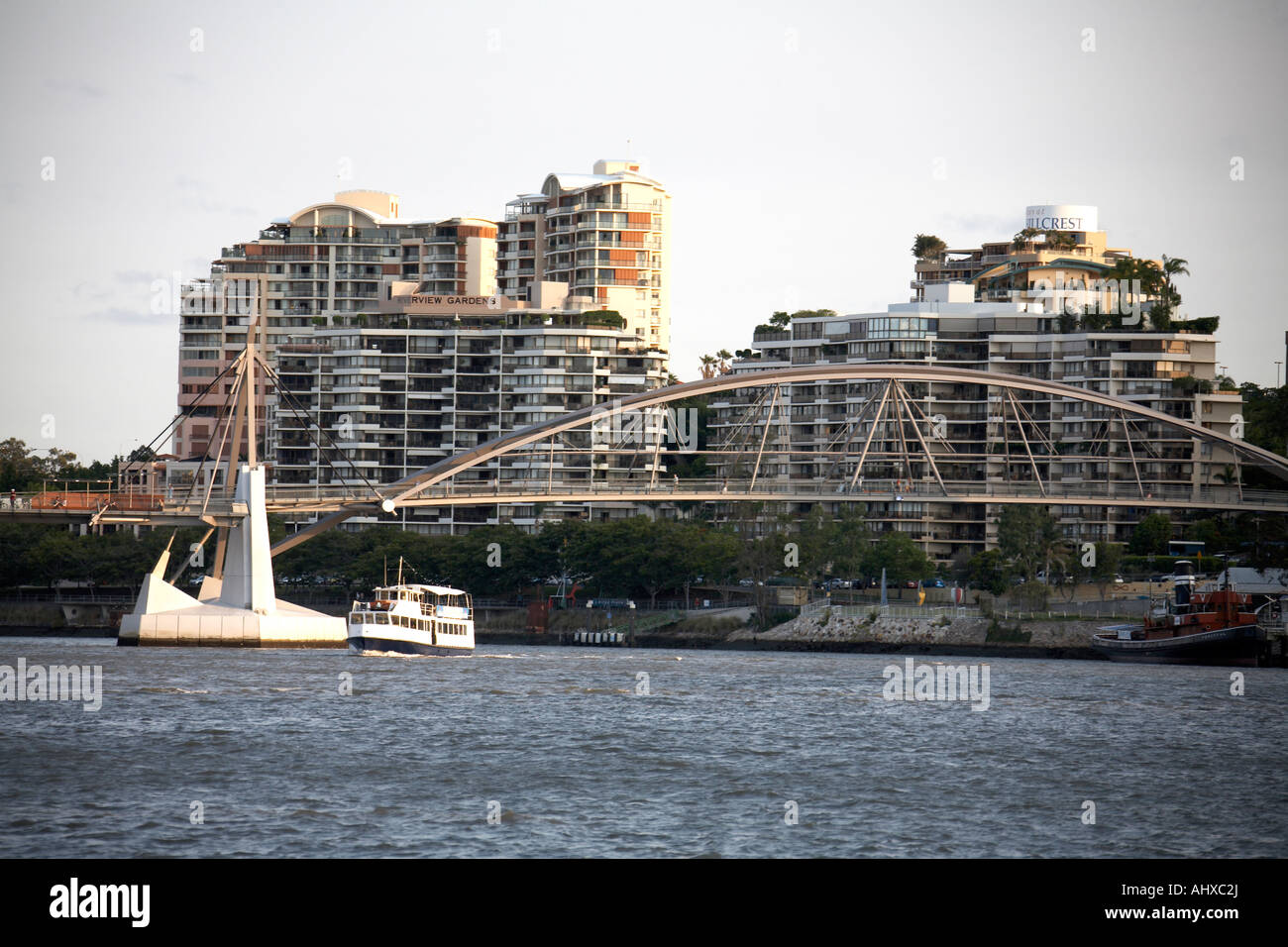 Goodwill Bridge in evening summer sunlight with river Brisbane