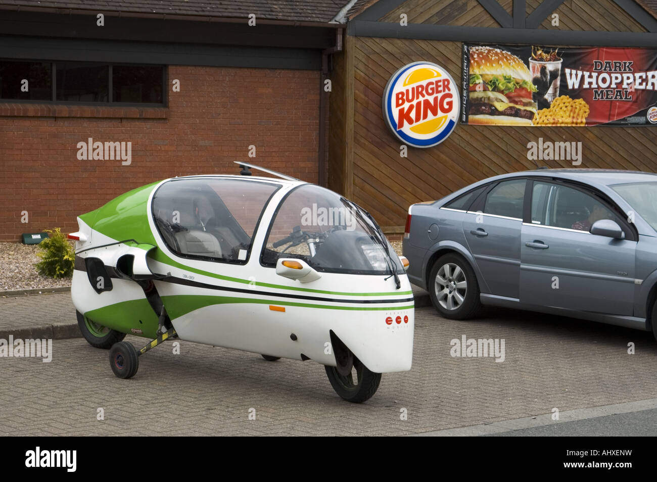 Ecomobile bike, from Peraves, parked at the Burger King car park.. Stock Photo