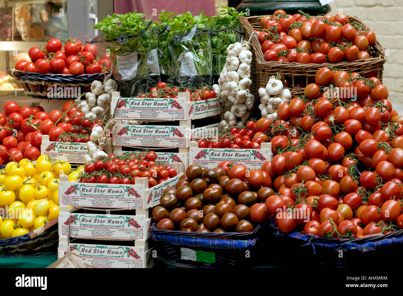 different types of tomatoes at Londons Borough market Stock Photo