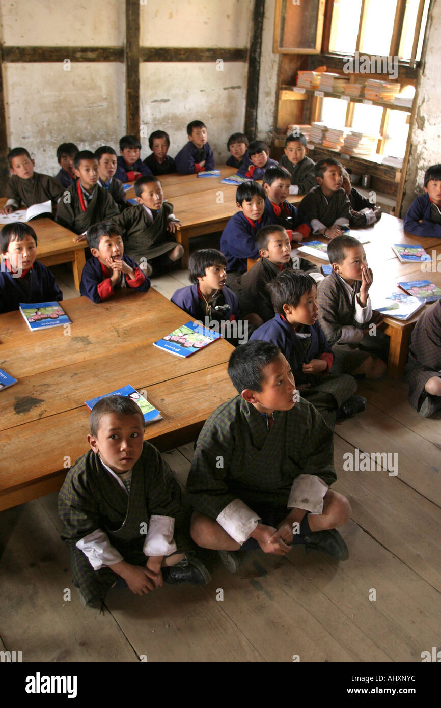 Bhutan education Haa Valley Bitekha Lower Secondary school young students in class Stock Photo