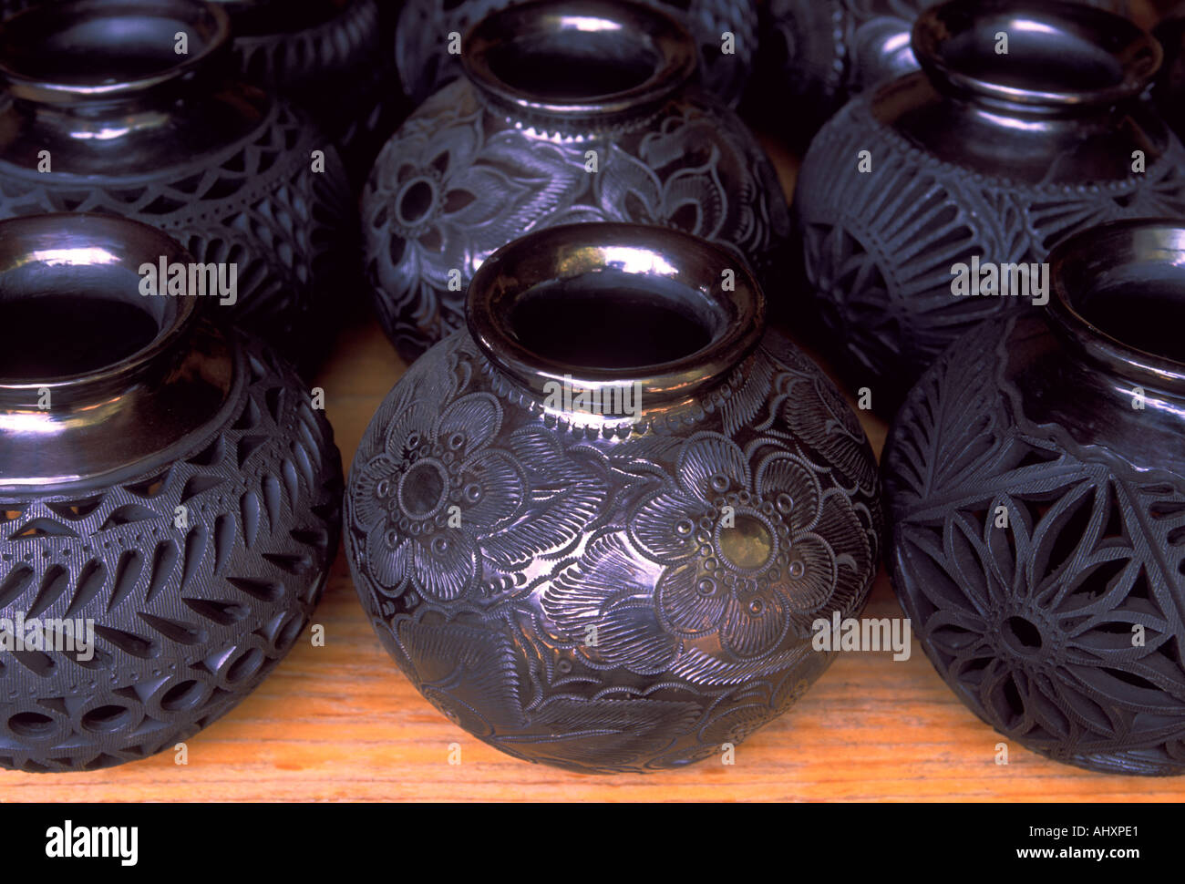 Mexican pottery black pottery clay pots called barro negro at Dona Rosa